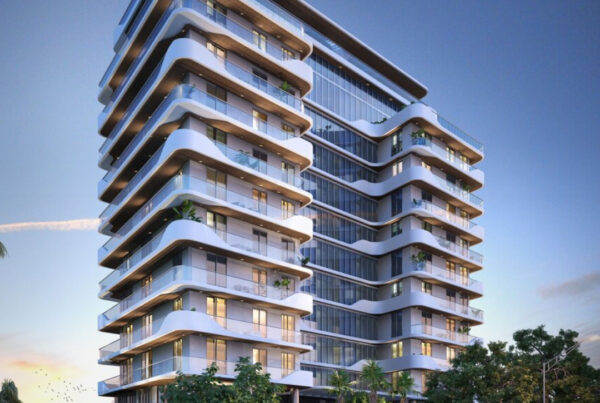 A rendering of the exterior of an apartment building.